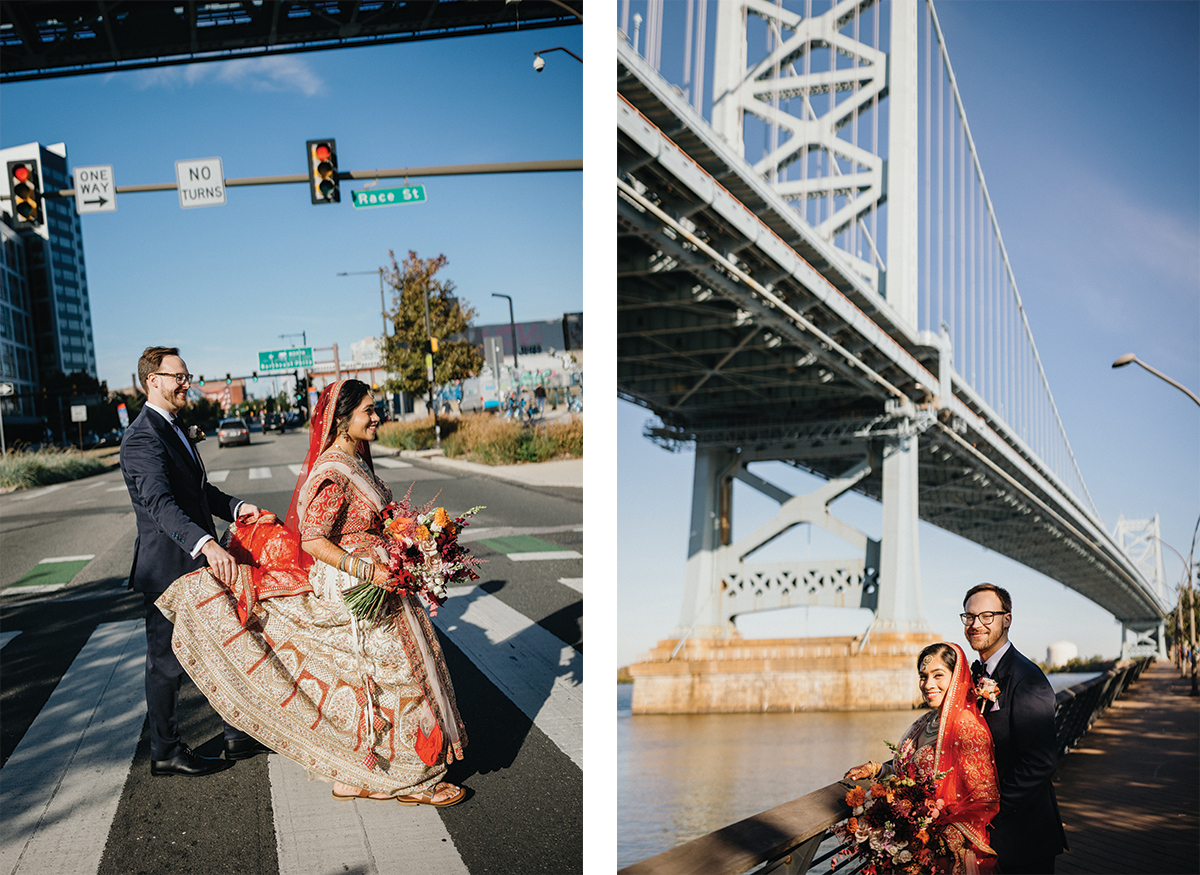 Editorial wedding portraits at Race Street Pier with Ben Franklin Bridge views