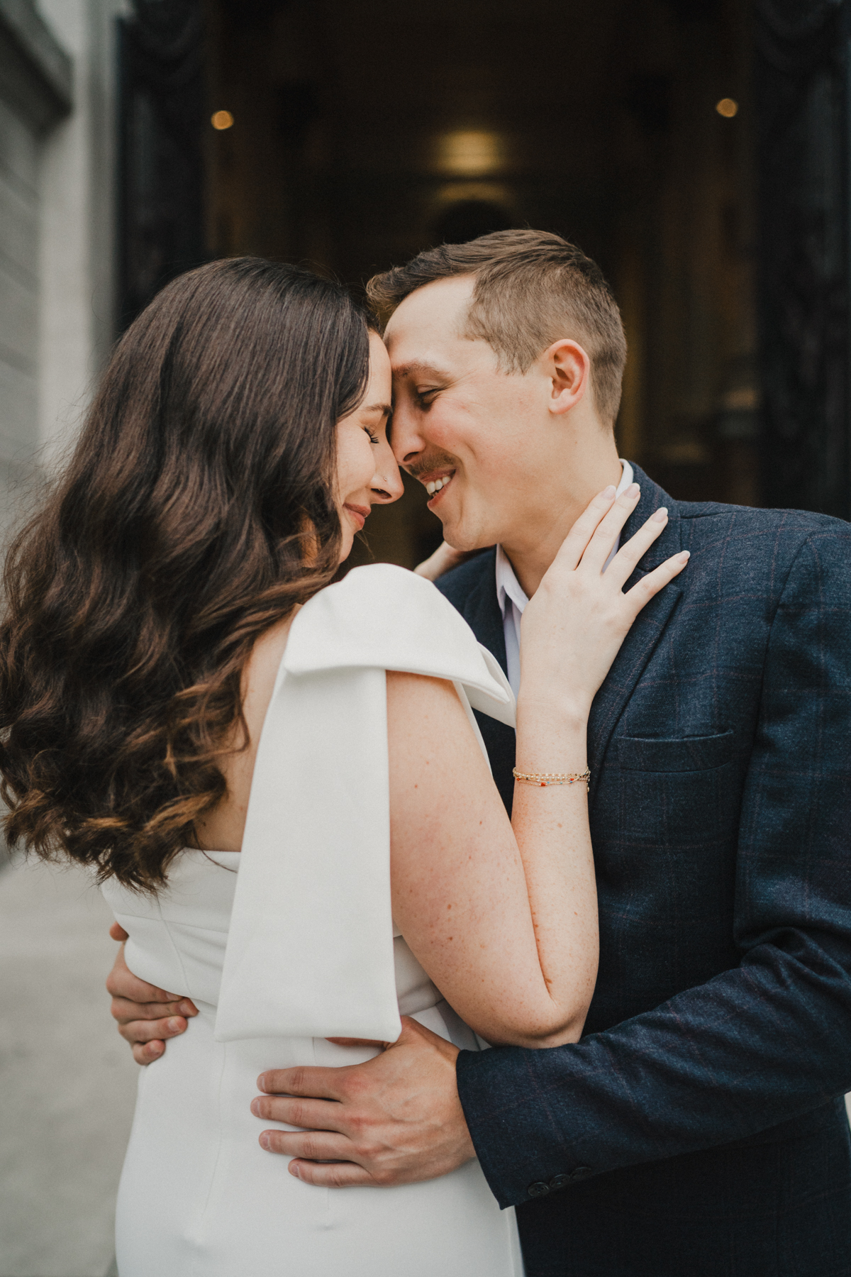 Close-up romantic kiss during Philly engagement photos