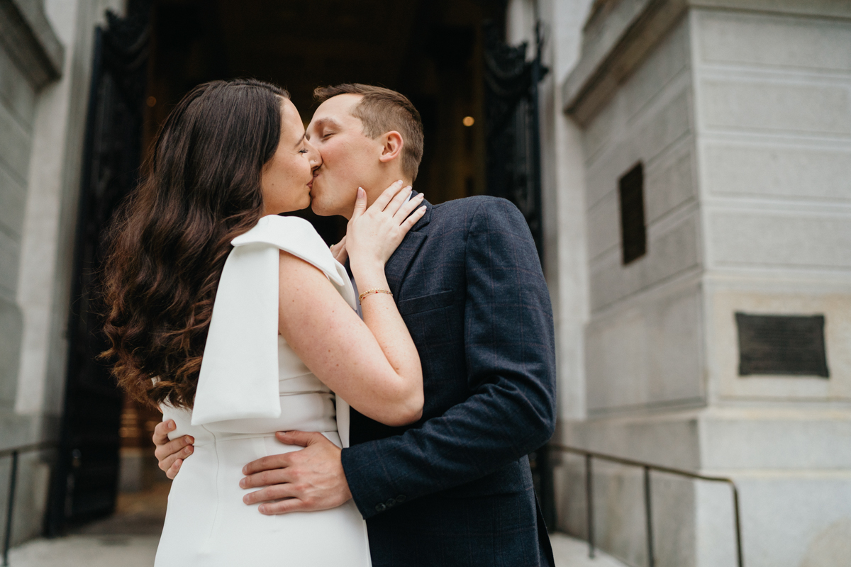 Classic Philadelphia engagement photo outside historic building